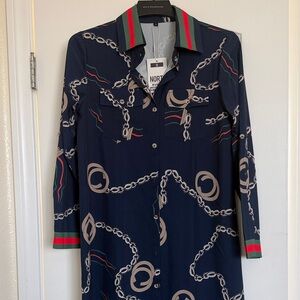 Navy Chain-Print Long-Sleeve Shirt Dress -